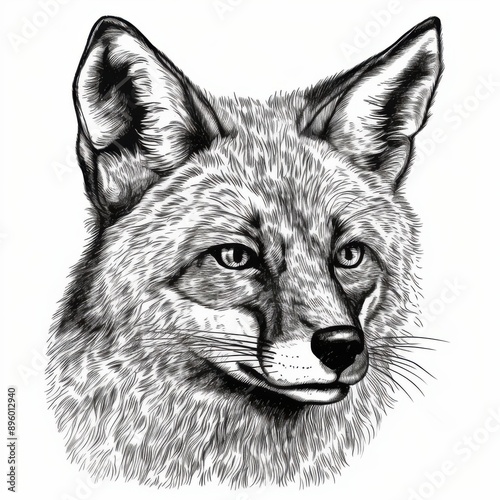 Black and white Vintage engraved art of a portrait of a fox isolated on white background, ink sketch illustration, simple vector art design, highly detailed line art, high contrasty