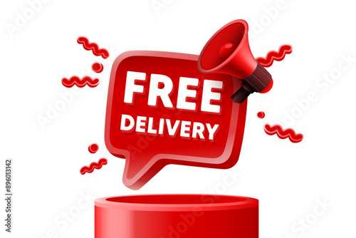 Free delivery message, megaphone announces news, banner service. Vector illustration