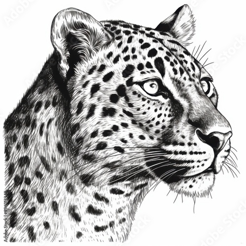 Black and white Vintage engraved art of a portrait of a leopard isolated on white background, ink sketch illustration, simple vector art design, highly detailed line art, high contrasty