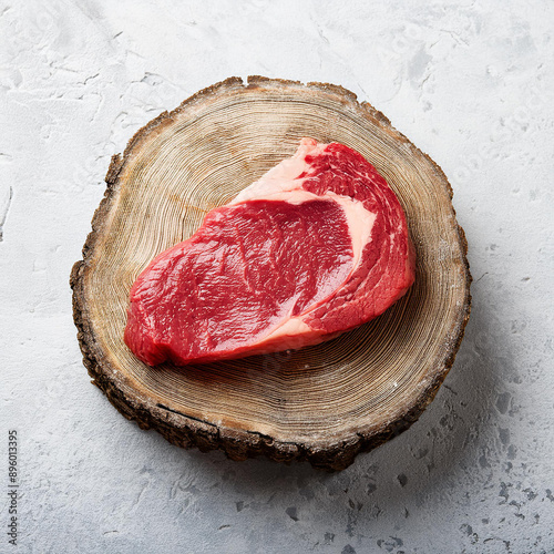 Fresh beef steak set on textured tree stump with cement floor background. Raw meat. Tasty food.