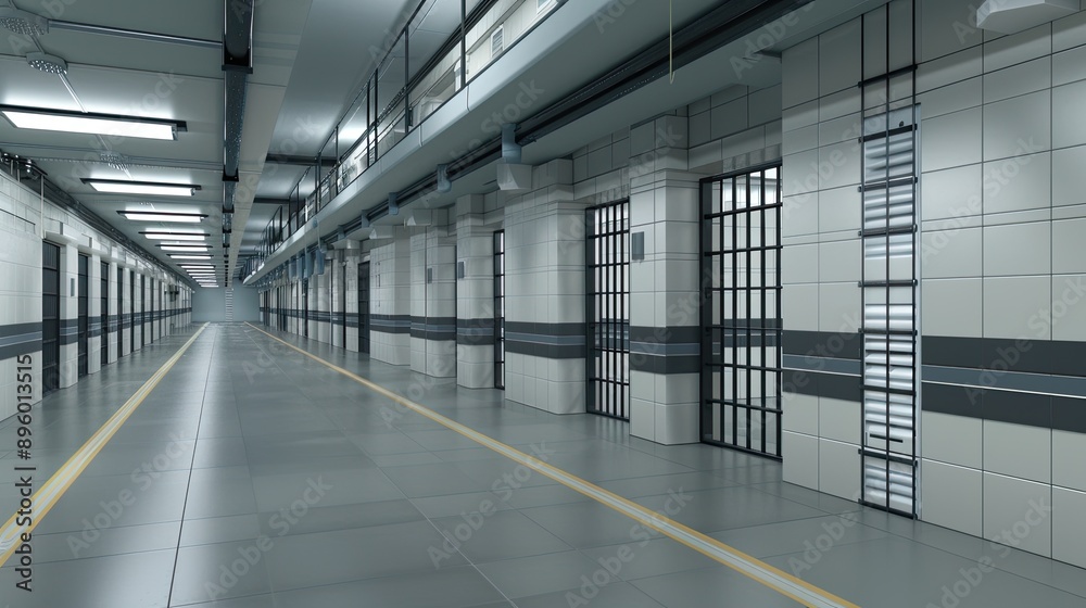 Obraz premium A long, white corridor in a prison with barred cell doors and a yellow line running down the center