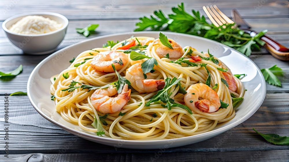 Al dente spaghetti pasta with shrimp and arugula in creamy garlic sauce, spaghetti, pasta, shrimp, arugula, creamy, garlic, sauce Al dente spaghetti pasta with shrimp and arugula in creamy garlic sauce, spaghetti, pasta, shrimp, arugula, creamy, garlic, sauce