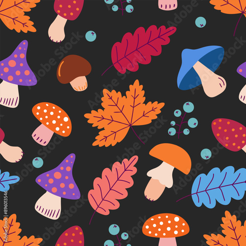 Autumn seamless pattern of mushrooms, autumn leaves and berries. Colorful leaves and mushrooms on black background. Autumnal design, vector illustration.