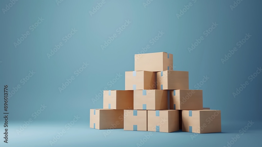 Pile of stacked sealed goods cardboard boxes. Delivery, logistic and transportation isolated on a blue background Pile of stacked sealed goods cardboard boxes. Delivery, logistic and transportation isolated on a blue background