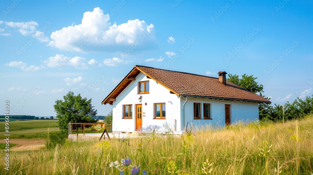 A simple manor house with white walls, wooden windows and an open space under the sky, symbolizing peace and harmony with nature. Perfect for content about rural life and sustainability. A simple manor house with white walls, wooden windows and an open space under the sky, symbolizing peace and harmony with nature. Perfect for content about rural life and sustainability.