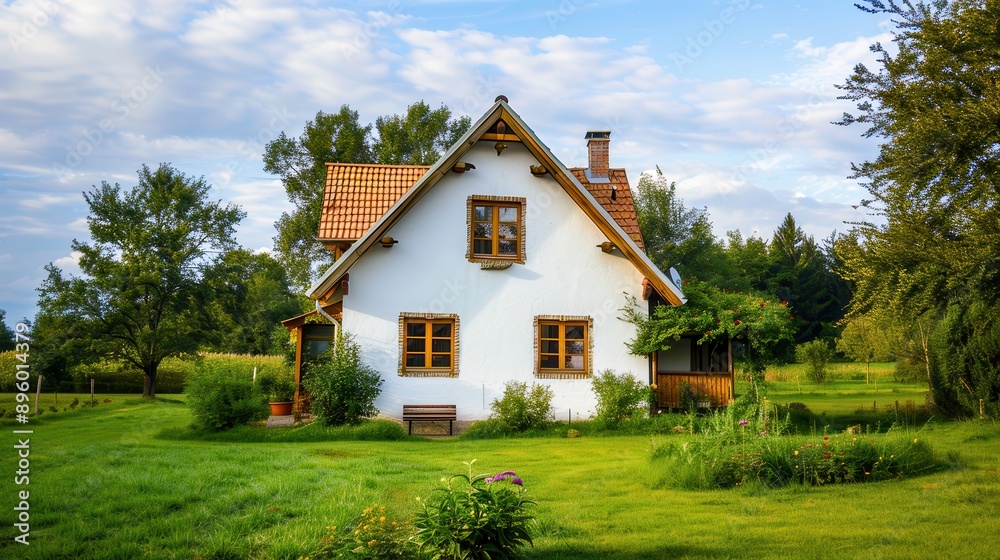 A simple manor house with white walls, wooden windows and an open space under the sky, symbolizing peace and harmony with nature. Perfect for content about rural life and sustainability. A simple manor house with white walls, wooden windows and an open space under the sky, symbolizing peace and harmony with nature. Perfect for content about rural life and sustainability.