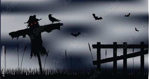 Scarecrow Silhouette in the Field with the Fence at Night. National seasonal holiday concept vector