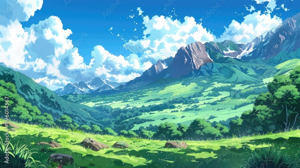 Obraz premium Scenic summer anime background with green hills, majestic mountains, and a bright, cloud-filled sky