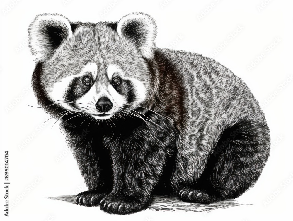 Obraz premium Black and white Vintage engraved art of a red panda isolated on white background, ink sketch illustration, simple vector art design, highly detailed line art, high contrast 