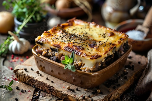 Homemade shepherd's pie with mashed potato topping and savory meat filling, garnished with herbs, served in a rustic setting. photo