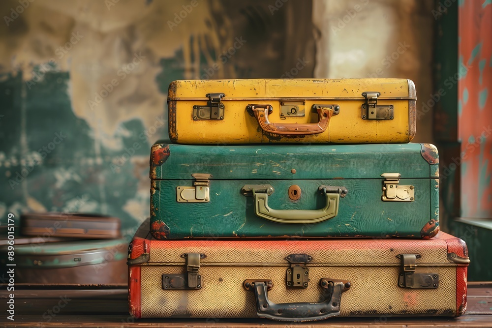 Fototapeta premium Vintage Suitcases Stacked in a Rustic Setting