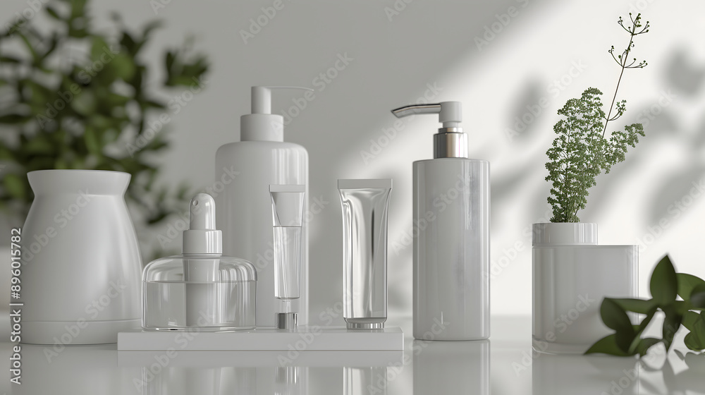 Cosmetic Bottles on White Background and sunlight Cosmetic Bottles on White Background and sunlight