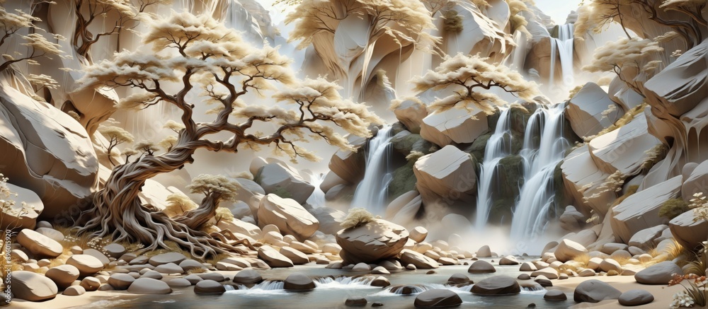 3D rendering beautiful landscape waterfall cascading down rocky 3D rendering beautiful landscape waterfall cascading down rocky