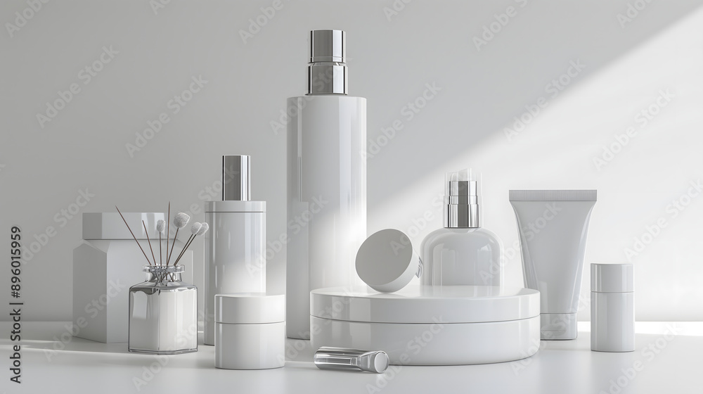 Cosmetic Bottles on White Background and sunlight Cosmetic Bottles on White Background and sunlight