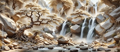 3D rendering beautiful landscape waterfall cascading down rocky
