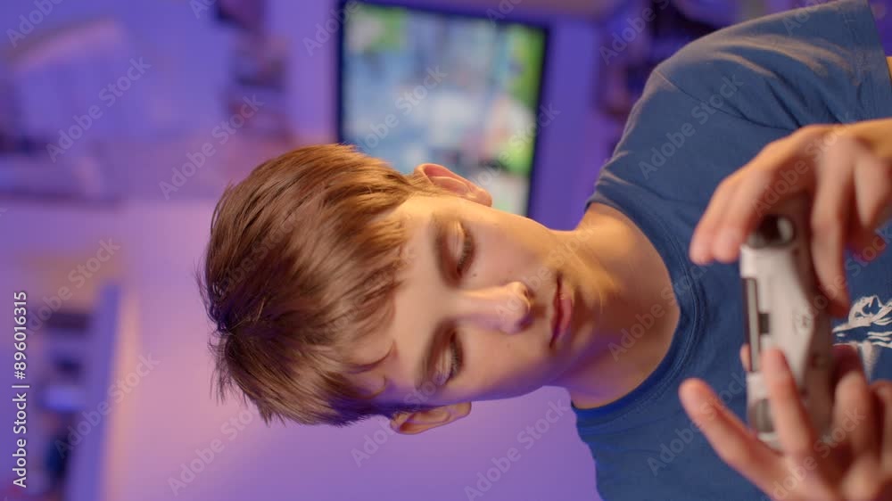 A teenager deeply engaged in playing a video game, using a controller in a vivid and lively gaming environment A teenager deeply engaged in playing a video game, using a controller in a vivid and lively gaming environment