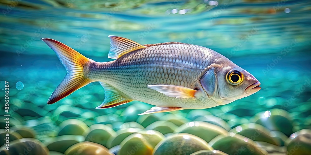 A beautiful close-up shot of a Poisson fish swimming gracefully in crystal clear water, Poisson, fish, underwater, swimming