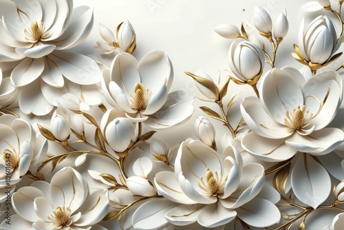 Close-up group white magnolia flowers gold accents are arranged