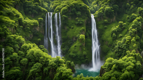 A stunning waterfall cascades down a lush green mountain, surrounded by vibrant foliage