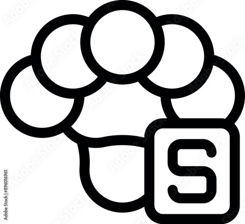 Black and white icon of a sulfur atom, represented by its nucleus and electrons, with the letter s for its symbol and the number 16 for its atomic number