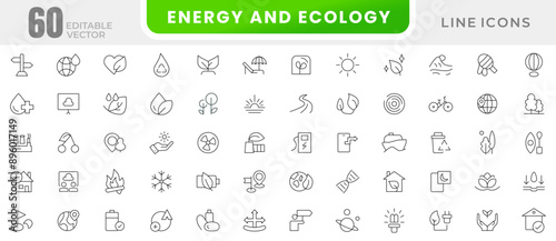 Energy and Ecology icon set. Protection, planet care, natural recycling power, renewable energy, solar cells, environment, Renewable energy, green technology, sustainability, nature, water icon
