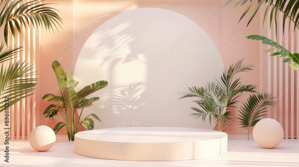 Sleek 3D minimalistic podium on a summer-themed stage, perfect for stylish and elegant product displays Sleek 3D minimalistic podium on a summer-themed stage, perfect for stylish and elegant product displays