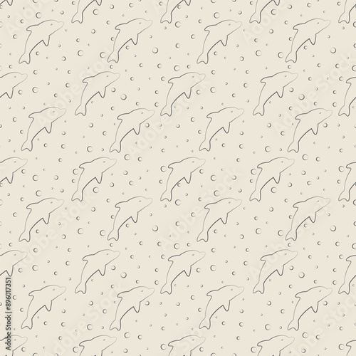 Marine life dolphin animal beige seamless pattern. Exotic mammal underwater tropical wildlife.