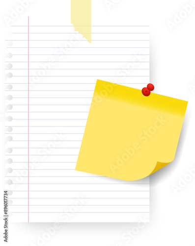 Paper notes, notebook pages, stickers and photo card frame. Paper notes with transparent adhesive tape and paper clip. Vector EPS 10