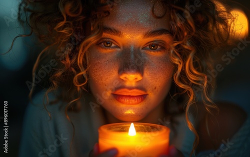 Woman serenely holds glowing candle, casting soft light on her peaceful expression and hair.