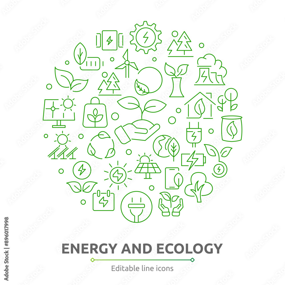 Energy and Ecology icons. Planet care, natural recycling power, renewable energy, solar cells, environment, green technology, nature, recycle, water, hydroelectric green icon pack. Outline icon set Energy and Ecology icons. Planet care, natural recycling power, renewable energy, solar cells, environment, green technology, nature, recycle, water, hydroelectric green icon pack. Outline icon set