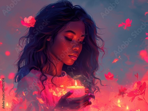 An ethereal woman radiates peace with a glowing candle, her flowing hair in shades of strawberry pink, neon blue, and dark chocolate brown.