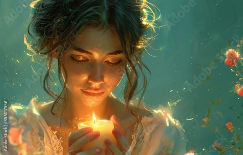 A serene woman bathed in a warm candle glow, surrounded by shades of rose, bubble gum pink, neon green, and off-white.