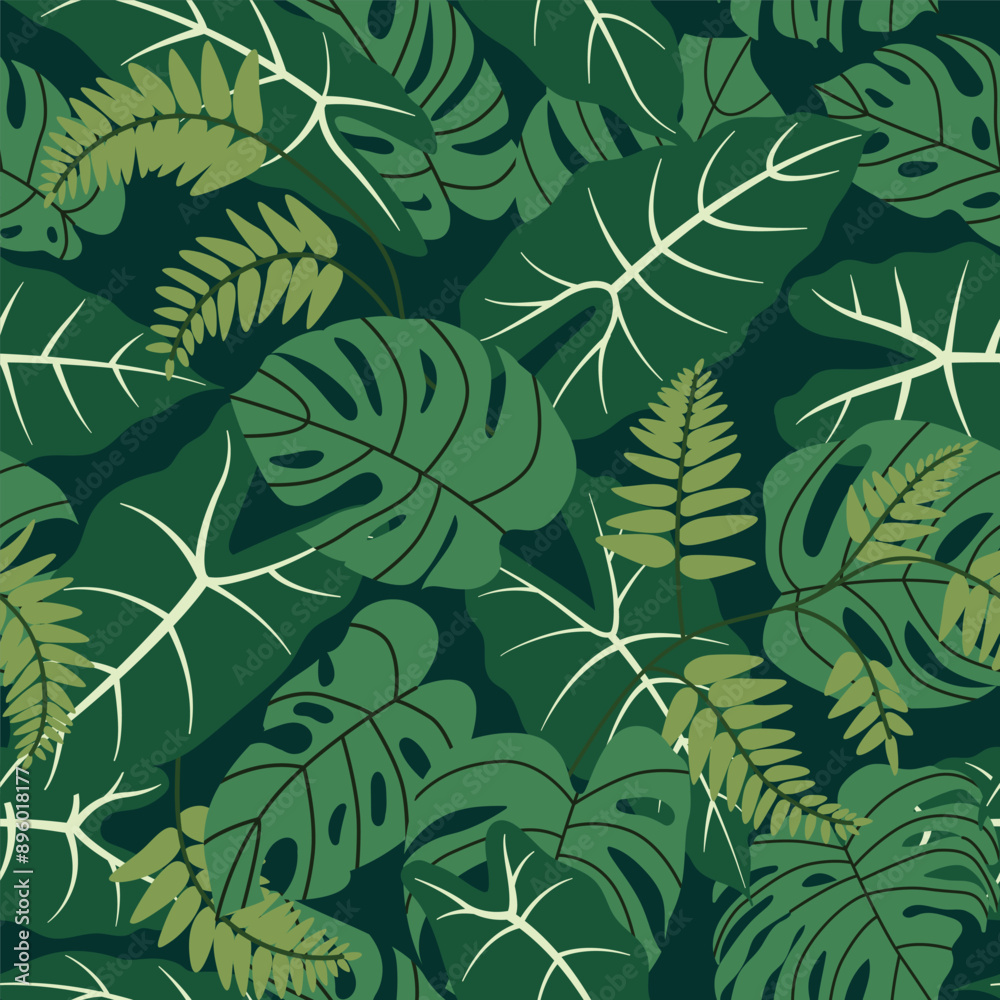 Fototapeta premium Tropical leaves seamless pattern. Exotic plant leaves on a green background. Jungle leaves botanical pattern for packaging, textile, or wallpapers. Flat vector illustration.