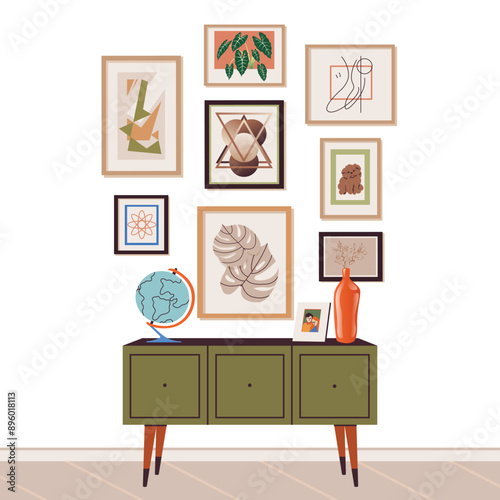 Living room interior. Interior scene in mid-century scandinavian style. Cozy furnished room. Interior design with furniture, framed paintings, decor, and a chest of drawers. Flat vector illustration.