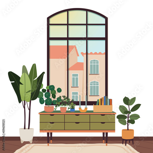 Living room interior. Interior scene in mid-century scandinavian style. Cozy furnished room. Interior design with window, furniture, houseplants, decor, and chest of drawers. Flat vector illustration.
