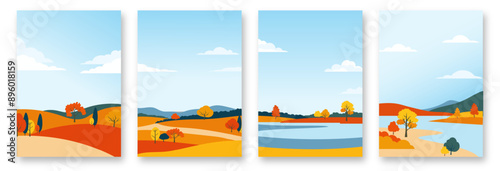 Autumn landscape set. Beautiful set of autumn vector landscapes with forest, mountains, lakes, meadows and fields for design, cards, posters, banners. Autumn season.