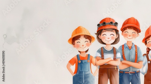 A group of cheerful children wearing construction hats, showcasing teamwork and creativity in a playful, colorful illustration.