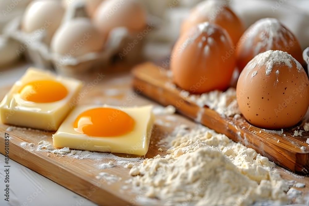 Fresh Ingredients for Baking: Eggs and Flour Displayed Beautifully Fresh Ingredients for Baking: Eggs and Flour Displayed Beautifully