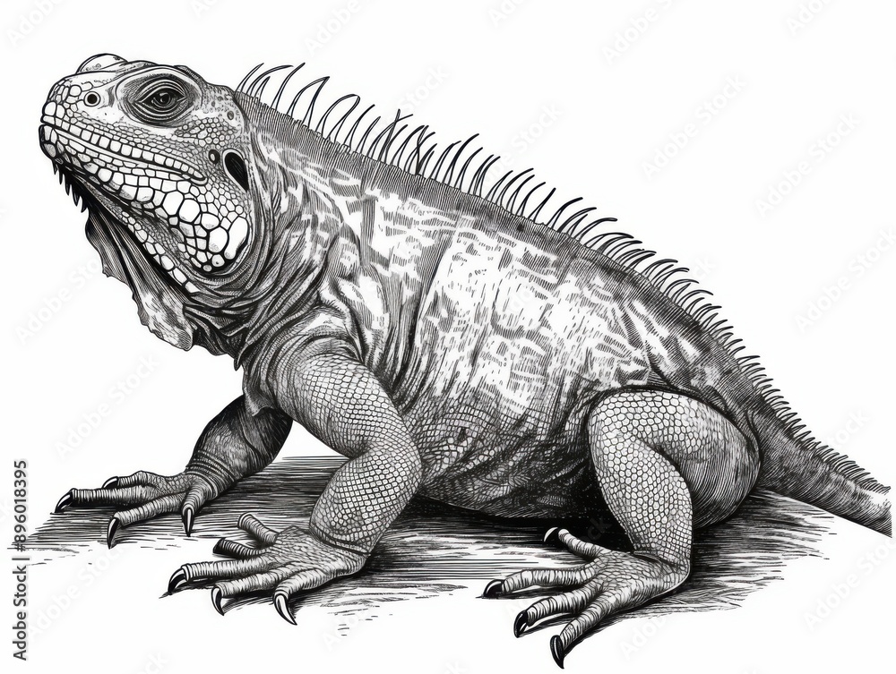 Obraz premium Black and white Vintage engraved art of an iguana isolated on white background, ink sketch illustration, simple vector art design, highly detailed line art, high contrasty 