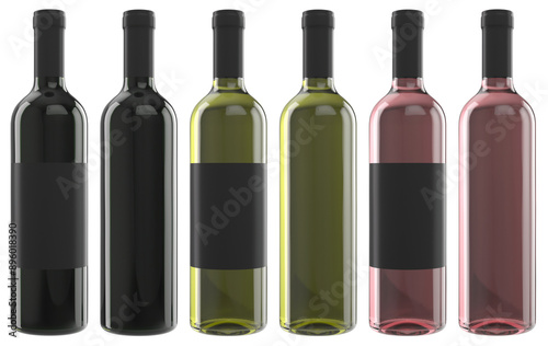 4 wine bottles of different shapes for inserting a label or design. Realistic 3D render.
