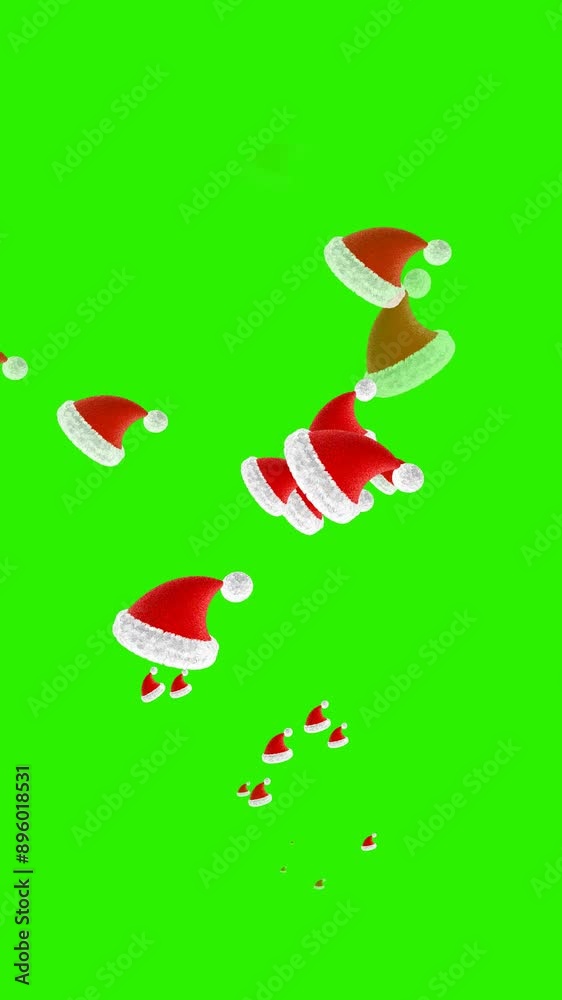 Santa's hat icons appear and disappear on green screen. Christmas video effect. 3D animation. Santa's hat icons appear and disappear on green screen. Christmas video effect. 3D animation.