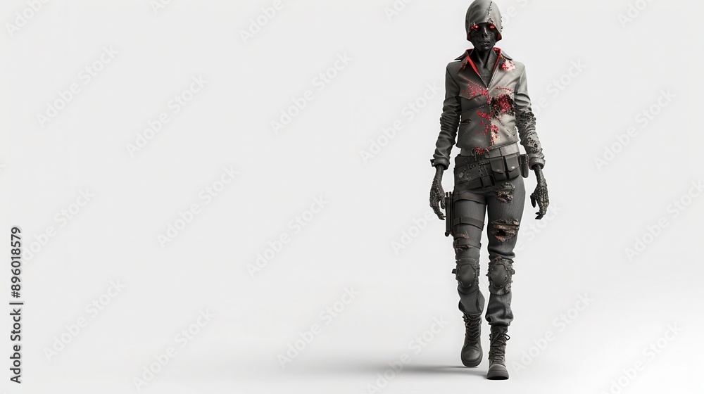 A mysterious character in a tattered outfit walks confidently, embodying themes of survival and resilience in a post-apocalyptic world. A mysterious character in a tattered outfit walks confidently, embodying themes of survival and resilience in a post-apocalyptic world.