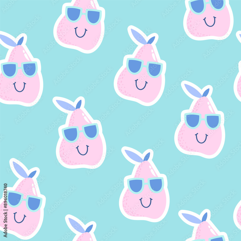 Fototapeta premium Fashion tropics fruit funny wallpapers. Seamless pattern of pear with cute face on mint background. Bright summer illustration design for kids, baby fabric and decor print