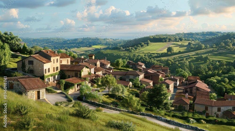 A charming French village nestled amidst rolling hills A charming French village nestled amidst rolling hills
