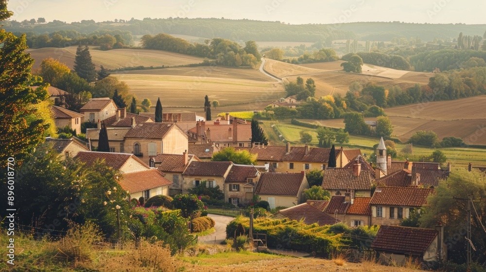 Naklejka premium A charming French village nestled amidst rolling hills