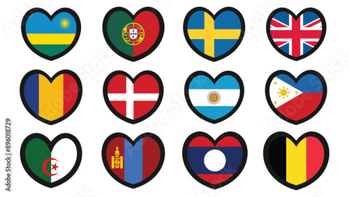 Heart shaped national flags set vector illustration design. country flags collection.