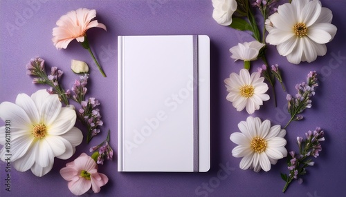 blank note paper book with flowers on purple table