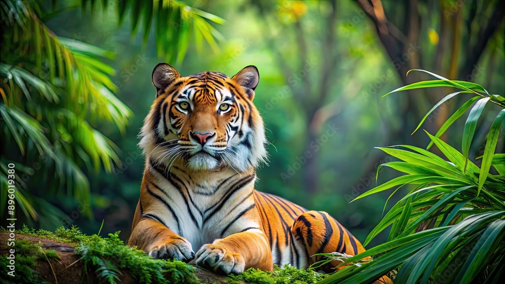 Obraz premium Majestic tiger resting in lush green jungle, tiger, jungle, wildlife, predator, nature, exotic, big cat, feline