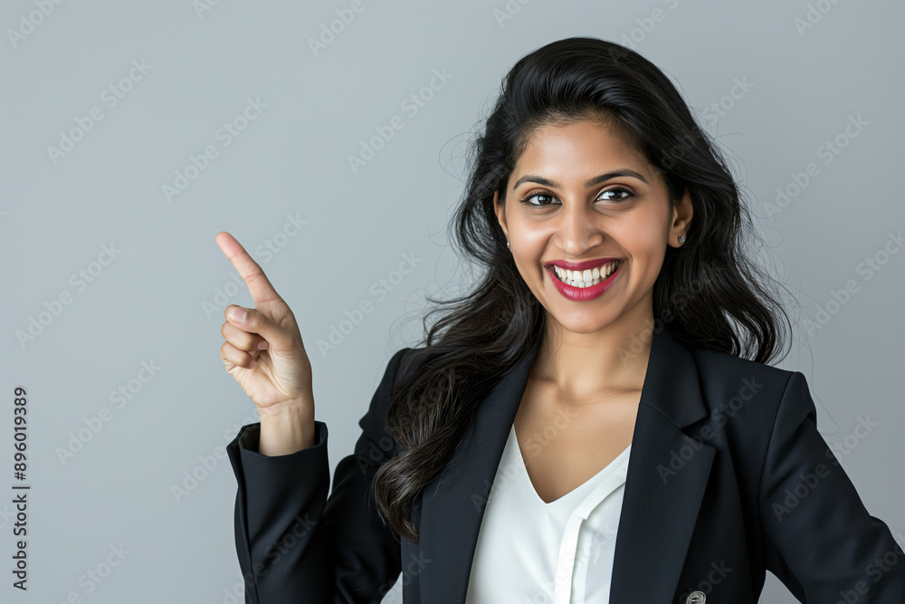 Confident Businesswoman Pointing Upwards and Smiling in Formal Attire