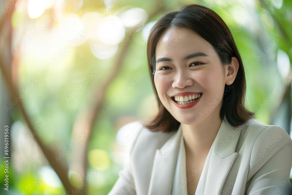 Smiling Asian Businesswoman in Professional Attire with Green Background and Natural Light Smiling Asian Businesswoman in Professional Attire with Green Background and Natural Light